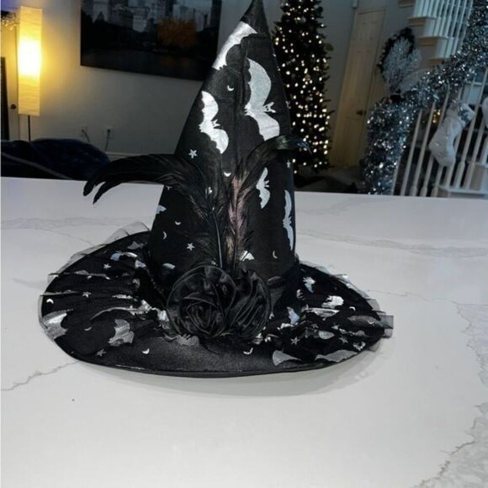Black Witch Hat with Silver Bats Halloween Magician Hat